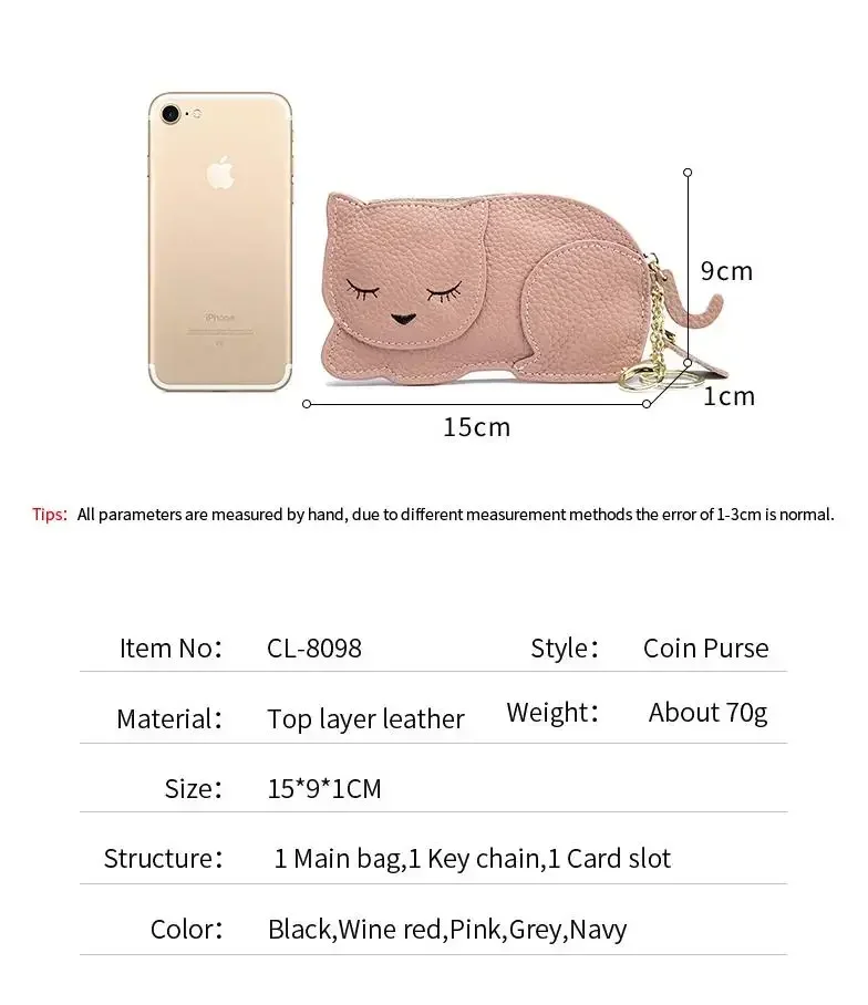 Genuine Leather Coin Purses Women Cartoon Cute Cat Zipper Key Holder Thin Purse Fashion Girls Coin Wallet Kids Change Pouch Bag