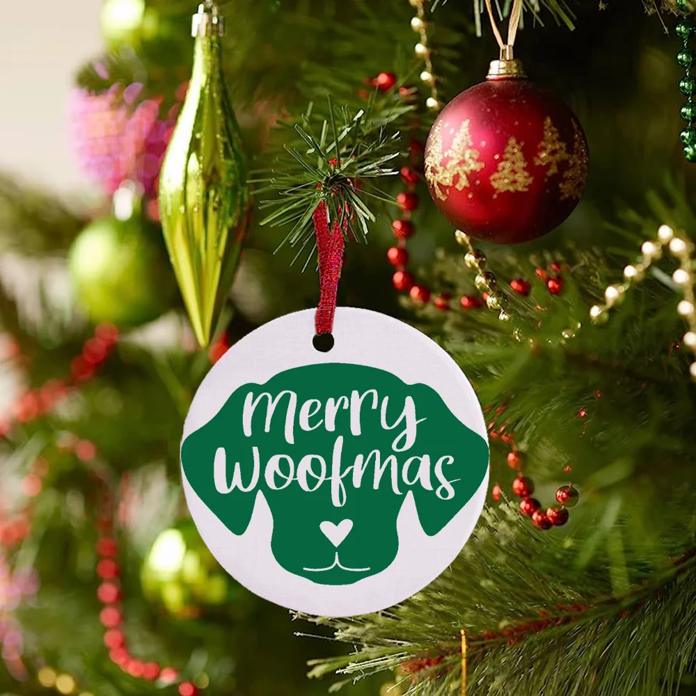 Merry Woofmas Pet Christmas Ornament Round Christmas Ornament Dog Tree Bauble Room Door Hanger Decoration Presenta Regalo