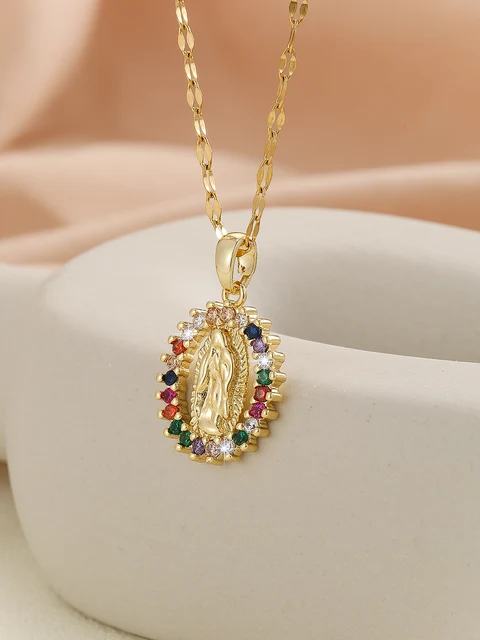 European and American Fashion and Gorgeous Women's All Sky Star Micro Inlaid Colorful Zircon Virgin Mary Hollow Necklace 5