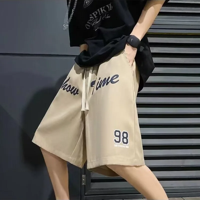 American Retro Summer 2024 Boyfriend Patchwork Elasticized Pocket Drawstring Letter Fashion Loose Comfortable Casual Shorts