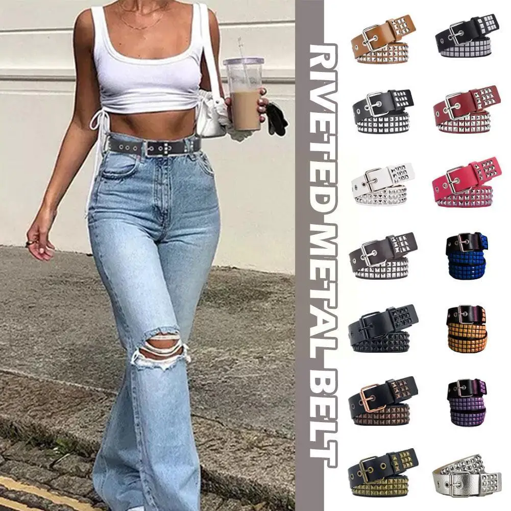 

Women Belt Punk Hardware Jeans Belt Square Beads Rivet Black Waistband Belt Belt Metal Decoration Eyelet Pin Harajuk F1N1