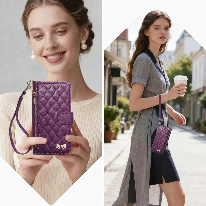 Zipper Leather Wallet Phone Case with Wrist Strap and Card Holder