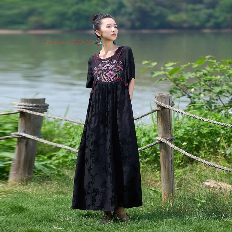 

2024 chinese vintage dress national flower embroidery o-neck dress oriental ethnic a-line dress satin jacquard folk hanfu dress