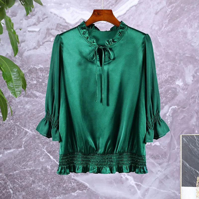 

Women' Green Satin Top Spring Summer New 3/4 Chiffon Sleeves Fashion Ruffle Neck Pull On Top Unique Casual Loose Blouses Shirt