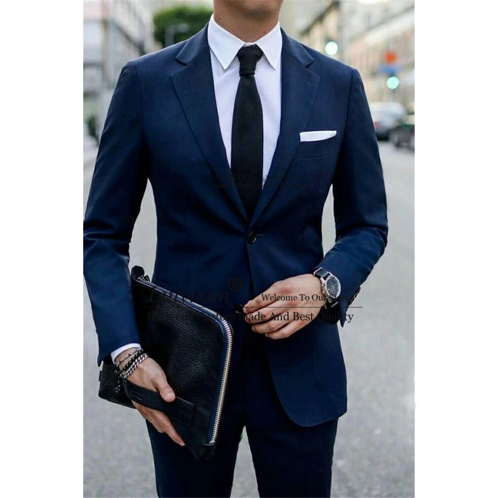 Fashion Navy Blue Notched Lapel Mens Suit 2 Piece Set Business Blazer Slim  Fit Wedding Groom Tuxedo Terno Masculino Jacket Pants - AliExpress