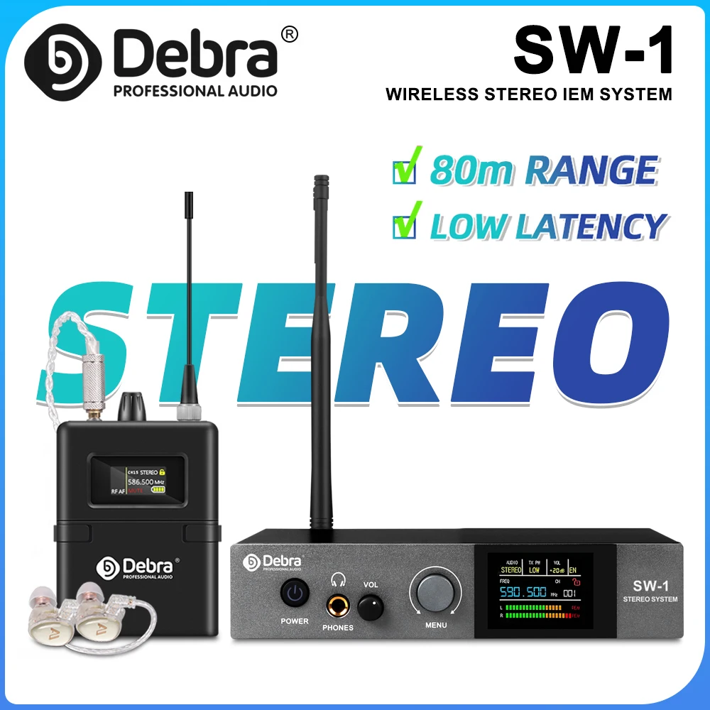 Debra SW-1 Stereo Wireless In-Ear Monitor System Frequency Range 590-599 MHz for Stage Performance Studio Church Wireless In Ear Monitor