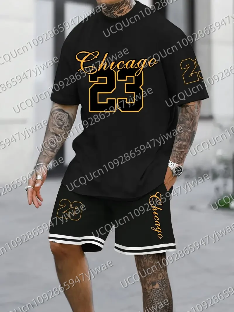 Summer Men's Chicago 23 Print Short Sleeve T-Shirt & Shorts Set Round Neck Gradient Short Sleeved Women's T-shirt Shorts Set