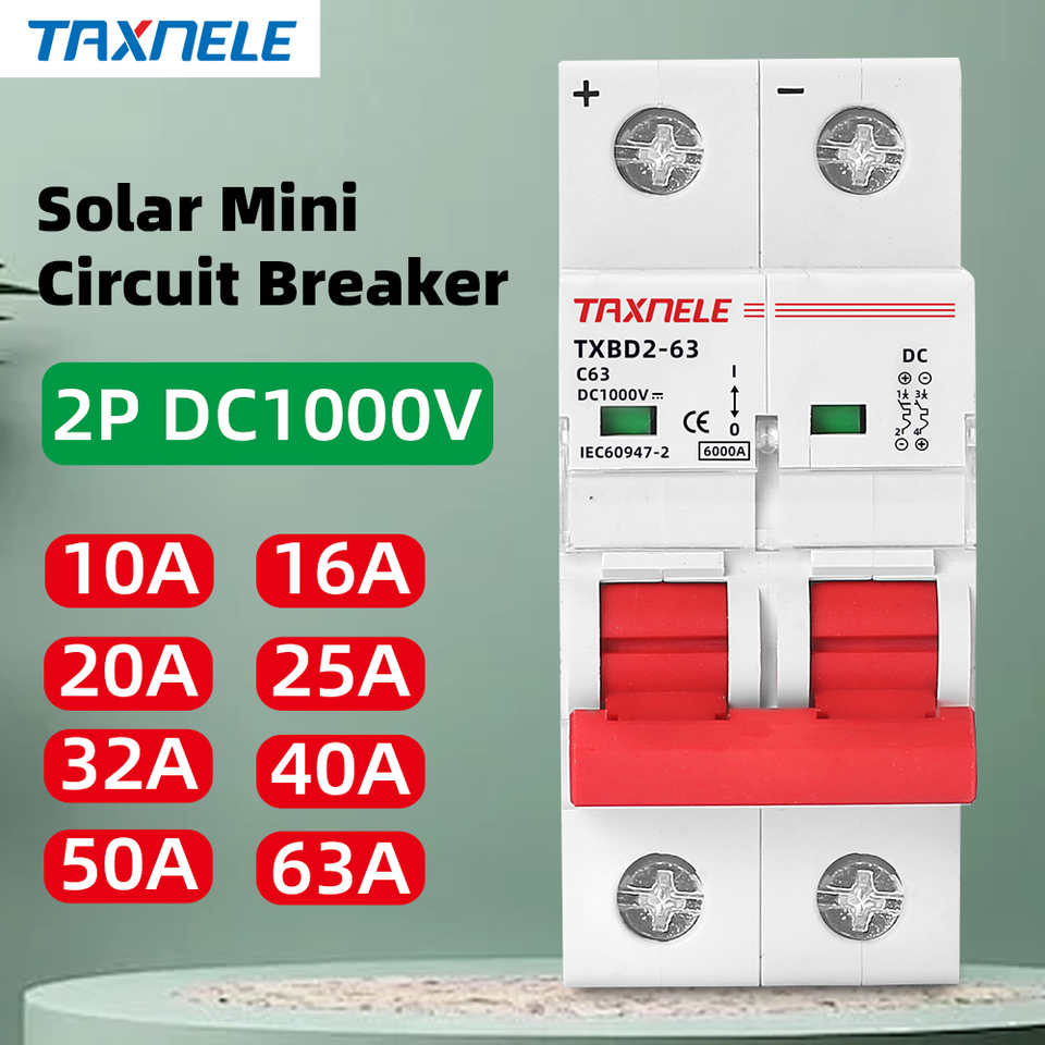 DC 1000V 2P Solar Mini Circuit Breaker Battery Switch 6A 10A 16A 20A 25A 32A 40A 50A 63A DC MCB for Photovoltaic PV System