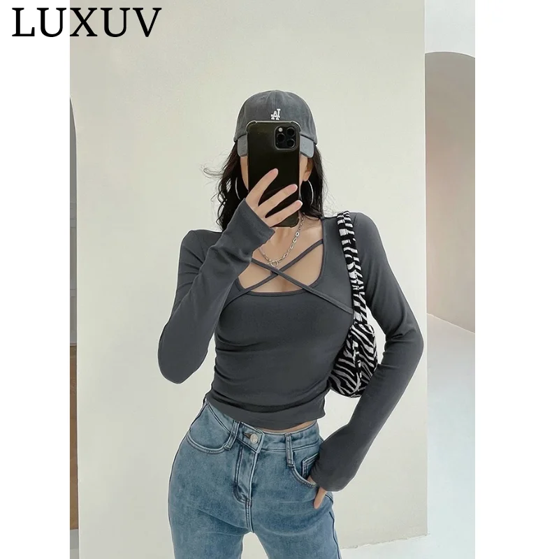 

LUXUV Long Sleeve U Neck Crop Top Women Sexy Y2K Female Slim Tight Tee Casual Clothes Streetwear Brown High Street Clothing