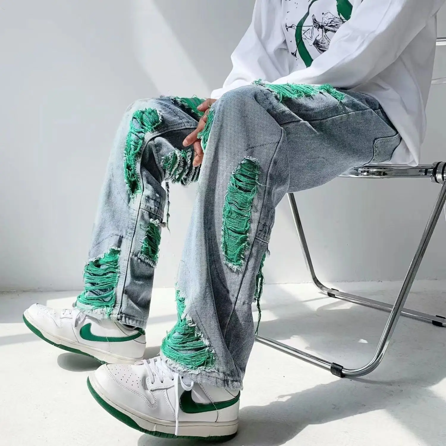 Autumn men\'s casual jeans American ins trend brand high street niche design Y2K retro washed distressed casual trousers hot sale