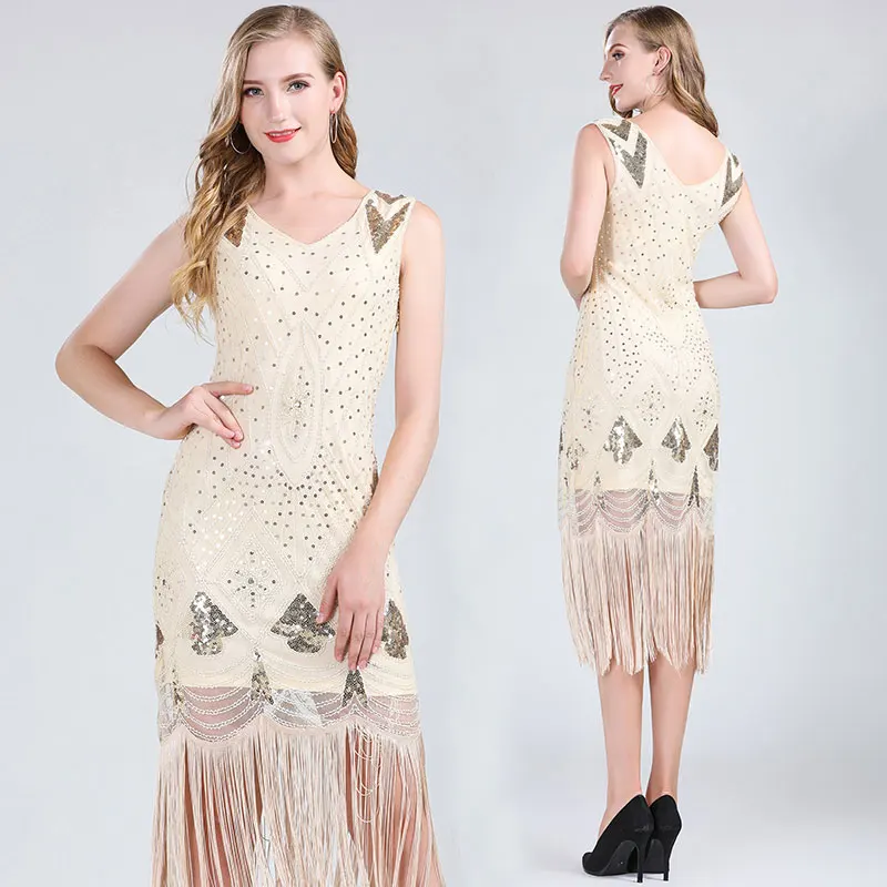 

Women 1920s Gatsby Charleston Inspired Sequin Fringe Flapper Dress Beaded Art Deco Dress V-Neck Sleeveless Long Party Costume