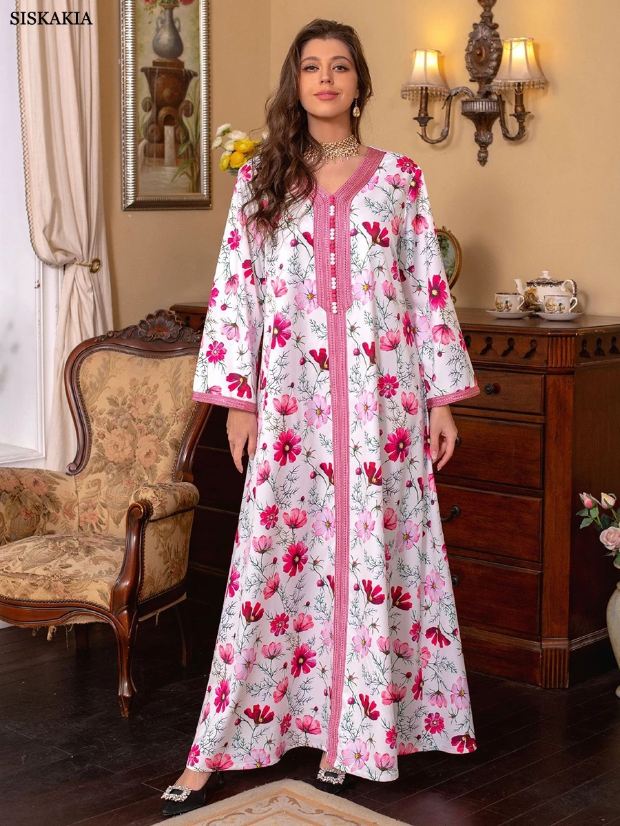 Dresses For Women 2023 Spring Floral Printed Maxi Dress Long Sleeve V-neck  Lace Tape Ramadan Abaya Dubai Turkey Muslim Robe - Dresses - AliExpress