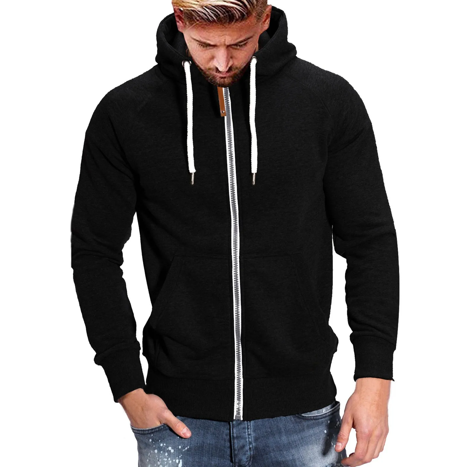 Mens Zip Up Hoodies Solid Color Loose Pockets Drawstring Sweatshirts Outdoor Sports Tracksuits Hooded Tops Trendy Cardigan Coat