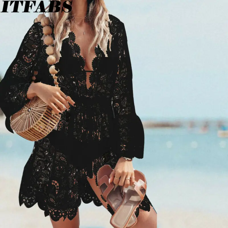 Swimsuit Cover Up Swimsuit Coverup Beach Suit Beach Dress Set Beach Evening Dress Women Dresses Women Boho V-Neck Lace Dress Bikini Mini Set Crochet Print Knit Beach Swimwear Cover Up Flared Ruffles Long Sleeve Sundress