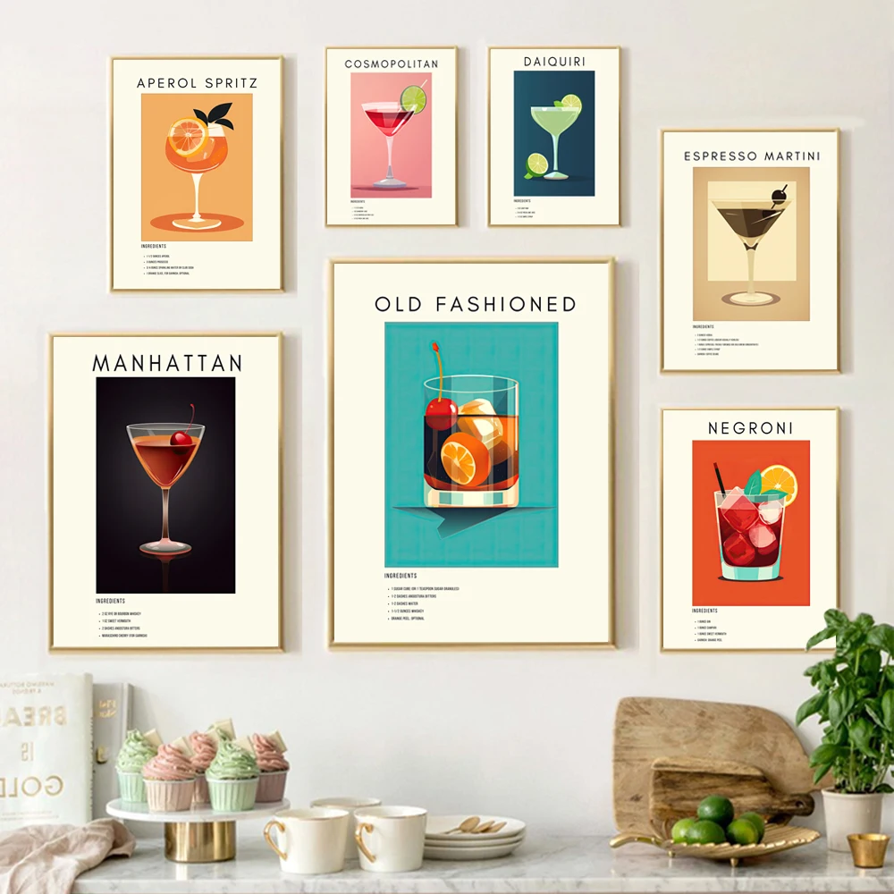 Cocktail Wall Art Prints Aperol Spritz, Espresso Martini, Negri, Margarita, Mojito, Old Fashioned Retro Poster Canvas Painting