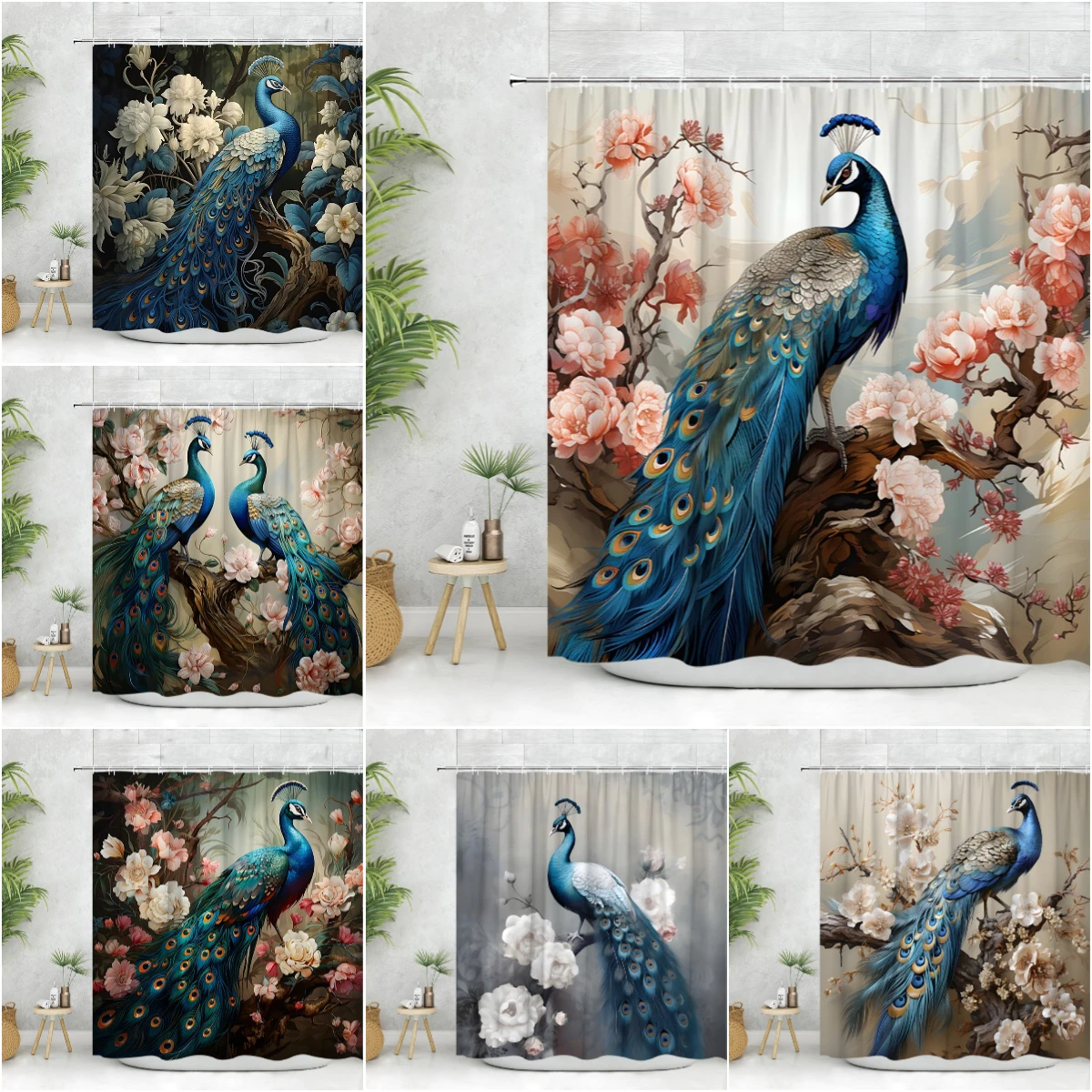 

Peacock Shower Curtain, Tropical Botanical Animal Spring Flower Leaf Watercolor Print Polyester Fabric Bathroom Decor Set