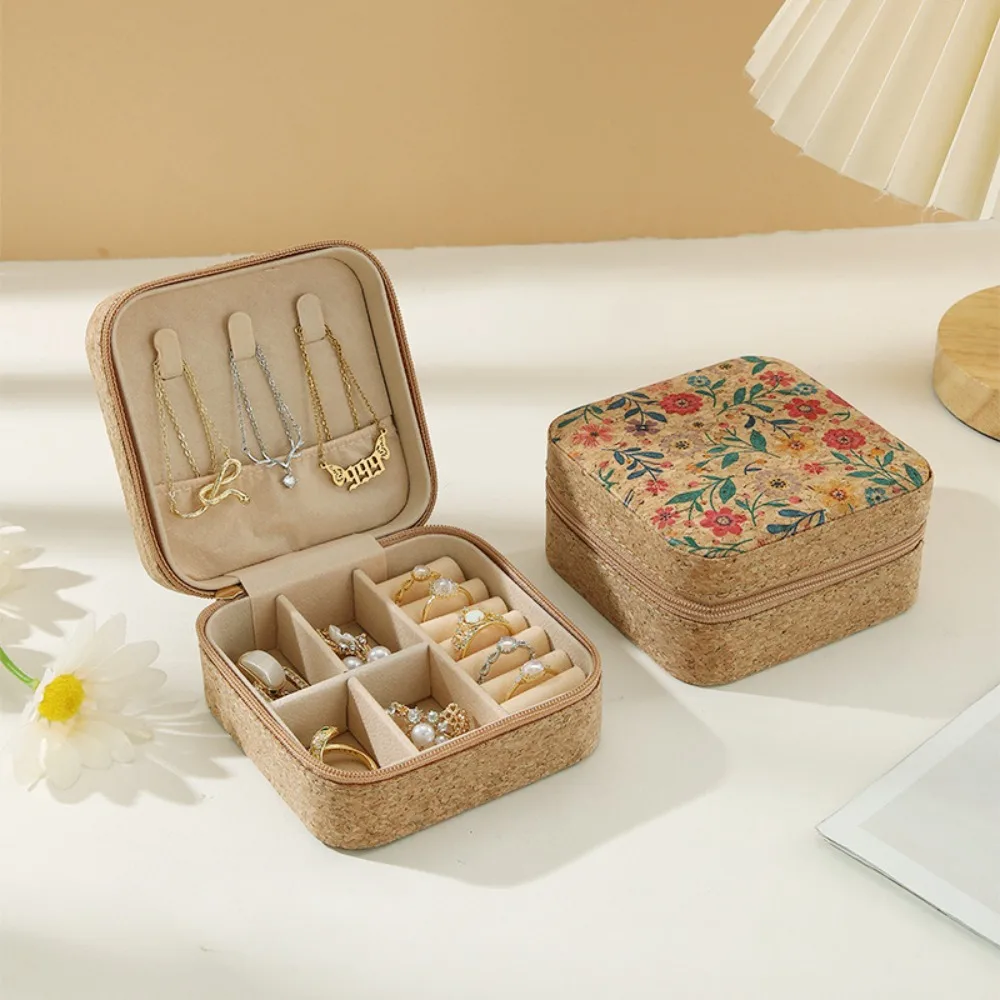 New Cork Wood Jewelry Storage Box Portable Useful Ring Earrings Organizer Cosmetic Holder Double Box Travel Supplies 4