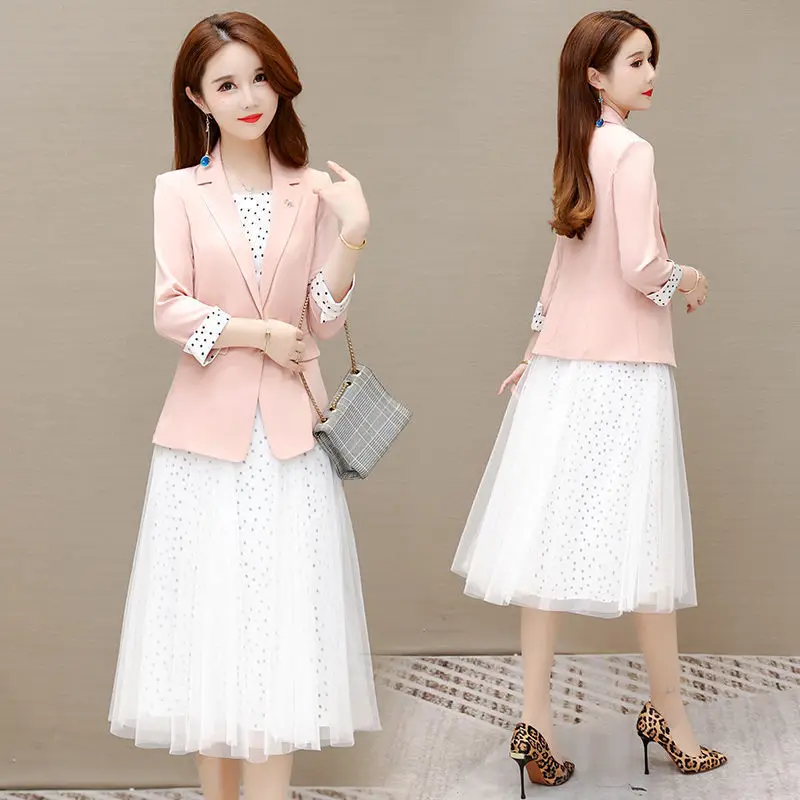 2023 Women Spring Autumn Elegant Blazer Dress Suits Female 2 Piece Set Casual Suit Jacket + Polka Dot Dress Ladies Outfits G364