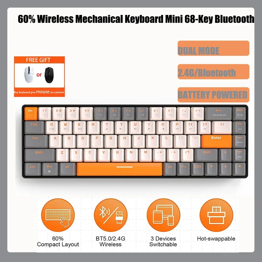 

Беспроводная механическая мини-клавиатура K68, 2,4G/BT5.0, Bluetooth, 68 клавиш