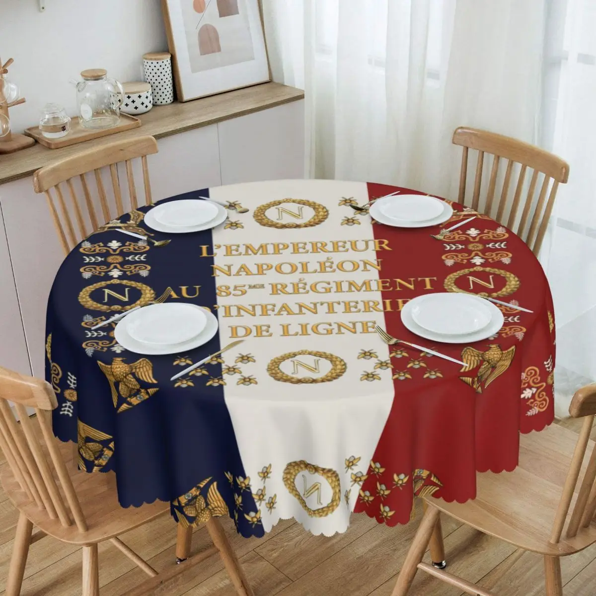 

Round Waterproof Napoleonic French 85th Regimental Flag Table Cover France Fleur De Lis Tablecloth for Dining Table Cloth
