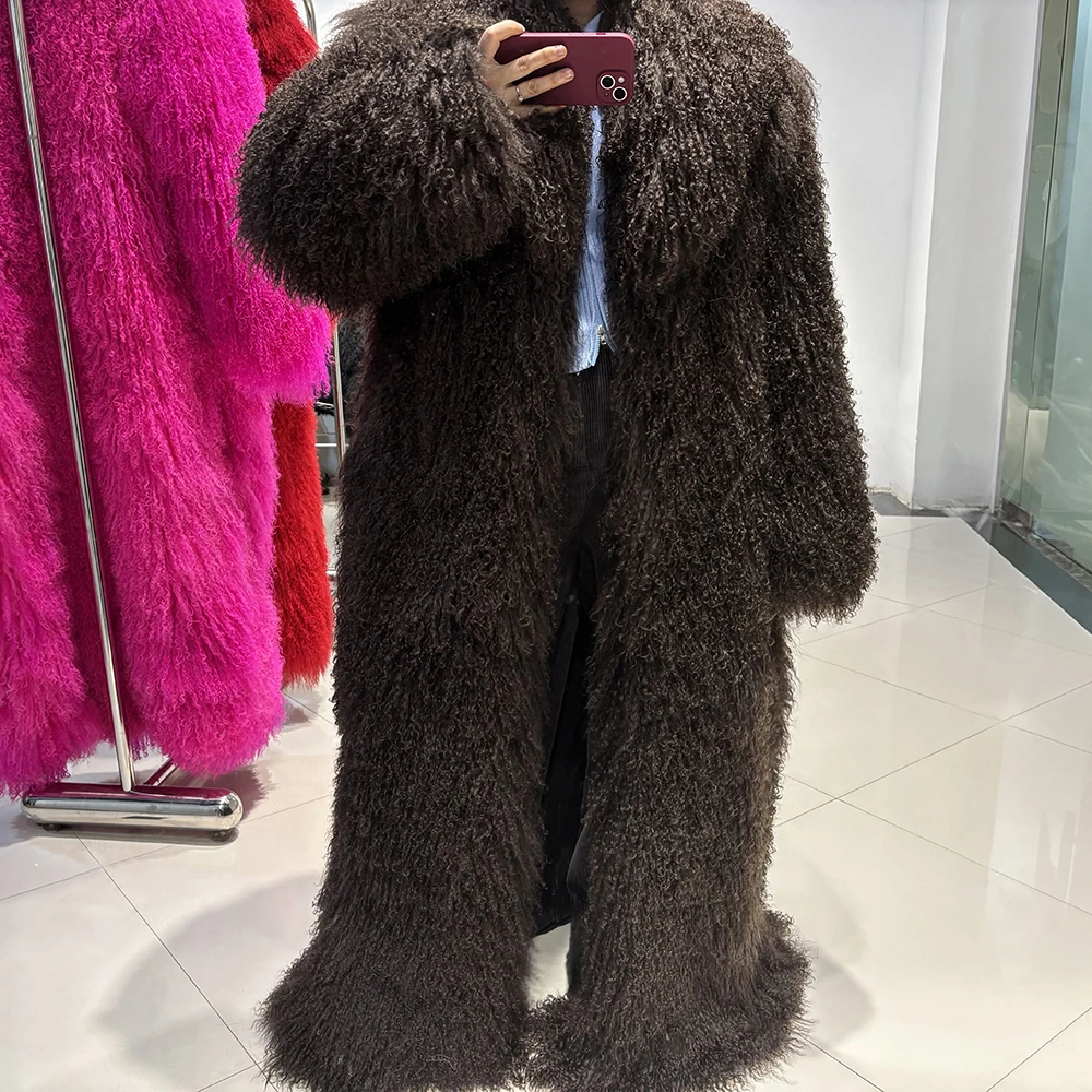 YOLOAgain 135-140cm Floor Length Mongolia Sheep Fur Coat Women Winter Warm Party Long Fur Coat Ladies Overcoat