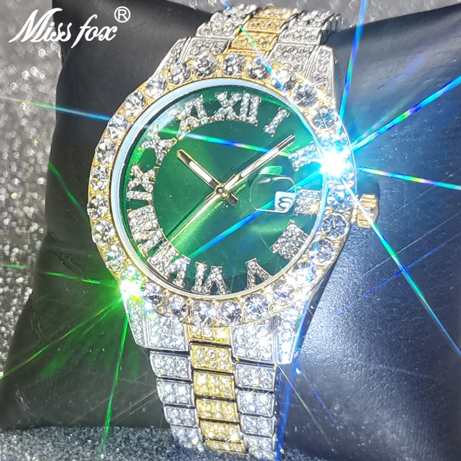 

Top Hip Hop New Iced Out Full Moissanite Green Quartz Watch Design Waterproof Dive Business Jewelry Clocks Montre Homme Luxe