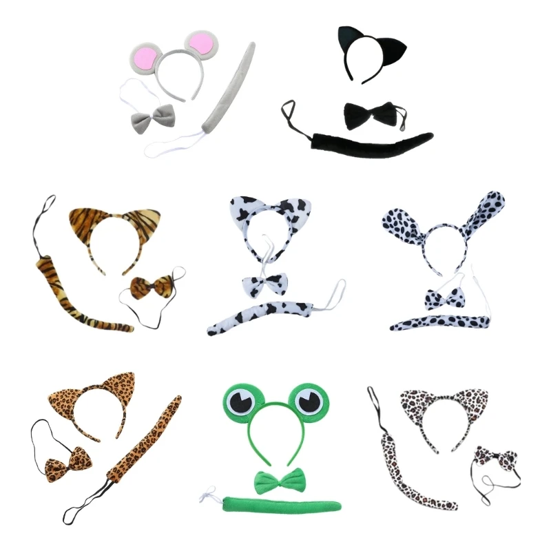 Set costumi per animali Halloween, fascia per capelli con orecchie gatto/topo/cane/mucca/leopardo e coda