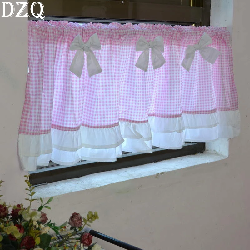 

Japanese Sweet Pink/Blue Bow Tie Short Curtains Living Room Korea Double Layer Ruffles Lattice Half Curtains for Kitchen #A183