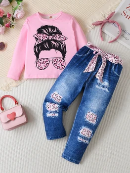Girls Pink Leopard & Denim Set 1