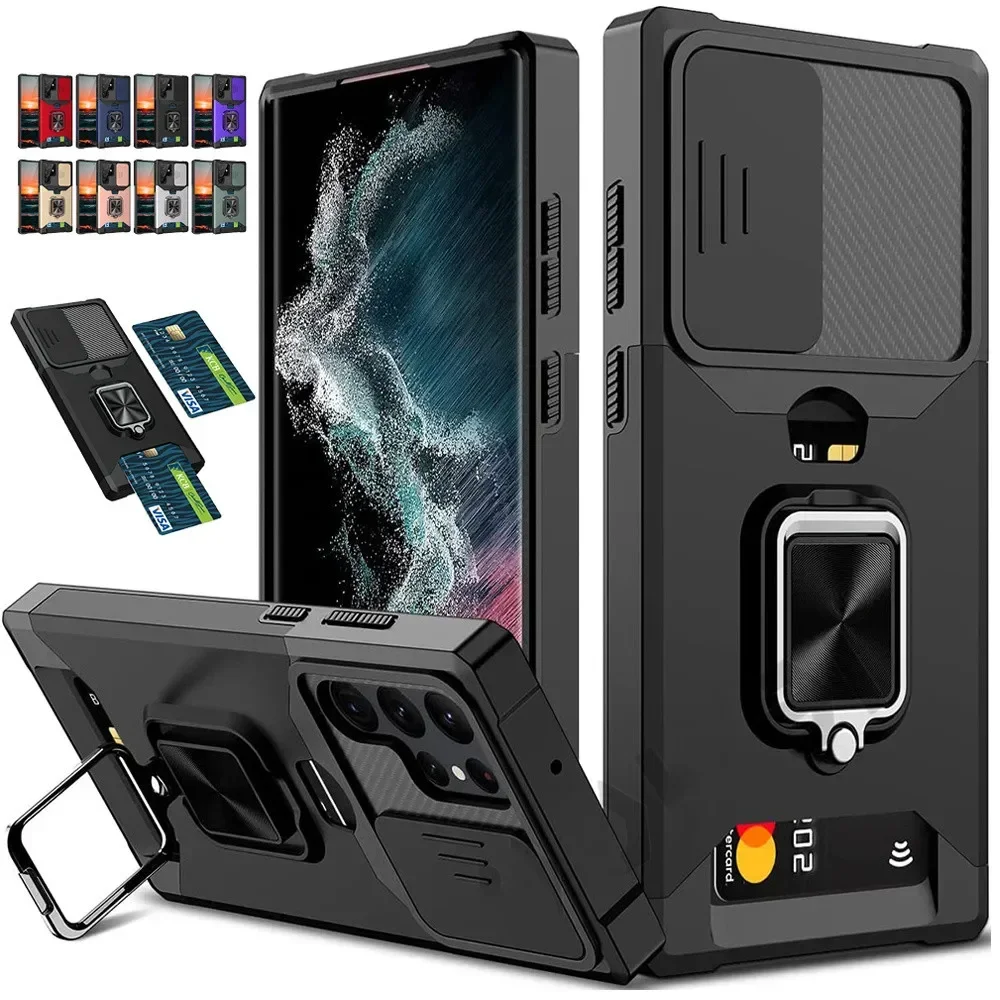 Rüstungsständer-Hülle für Samsung Galaxy S24 S23 Ultra S22 Plus S21 FE Note 20 Abdeckung Kartensteckplatz Brieftasche Ringhalter Coque Fundas_voghion.com