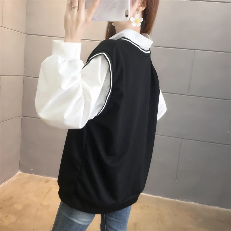 여성용 폴로 넥 긴 풀오버 소매, 스플라이싱 대조 색상, 페이크 투피스 패션, 캐주얼 한국 상의, 용수철 가을