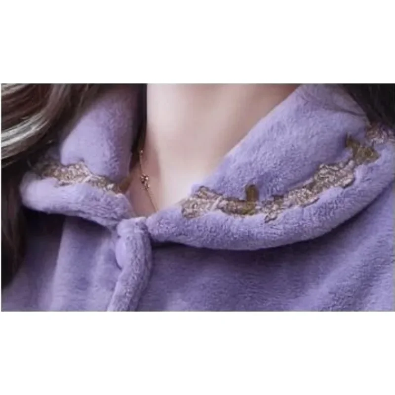 Women New Autumn Winter Flannel Pajamas Loose Simple Solid Color Loungewear Coral Fleece Sleepwear High-end Warm Homewear Set
