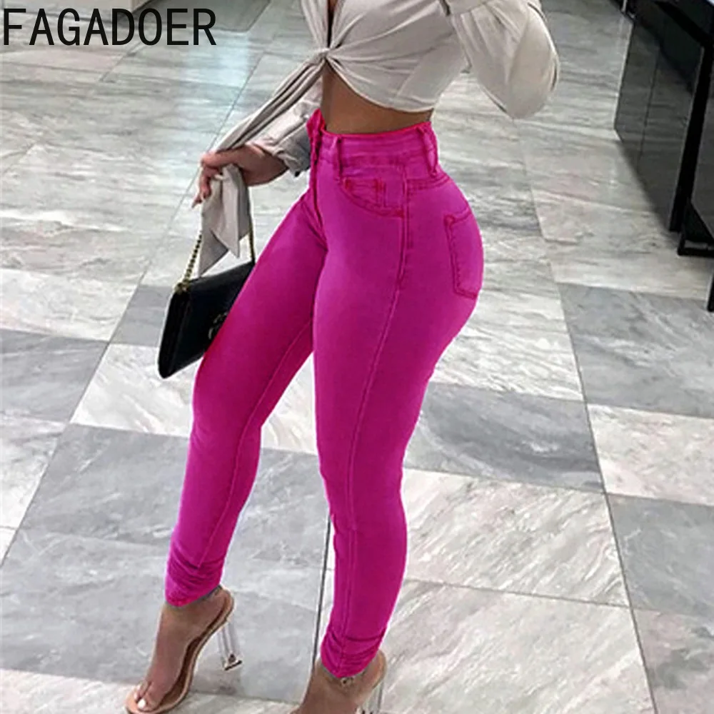 

FAGADOER Fashion Solid Elasticity Pencil Denim Pants Women High Waisted Button Jeans Leggings Spring New Quality Cowboy Bottoms