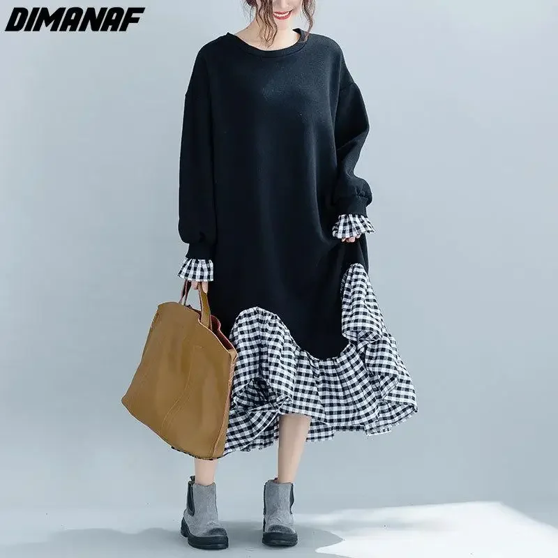 

DIMANAF Autumn Winter Women Long Sleeve Dress Thicken Oversize Plus Size Cotton Plaid Fashion Elegant Lady Casual Loose Dress