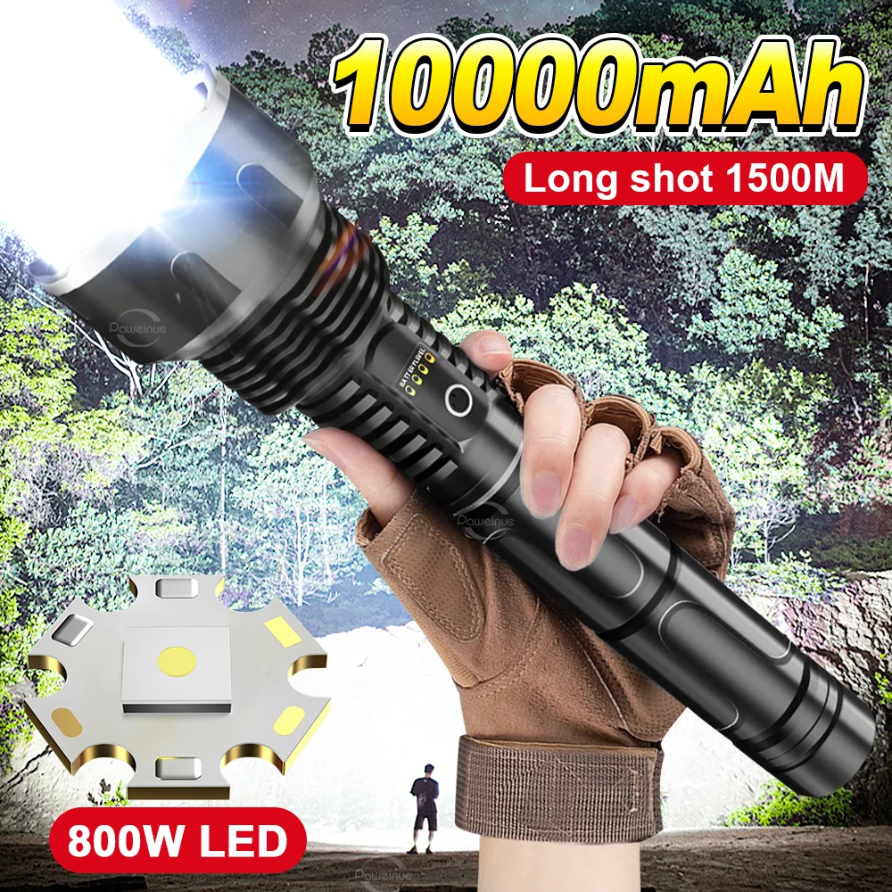 

800W High Power LED Flashlight USB Rechargeable Strong Light Lamp Long Range 1500M Tactical Lantern Outdoor Ultra Powerful Torch