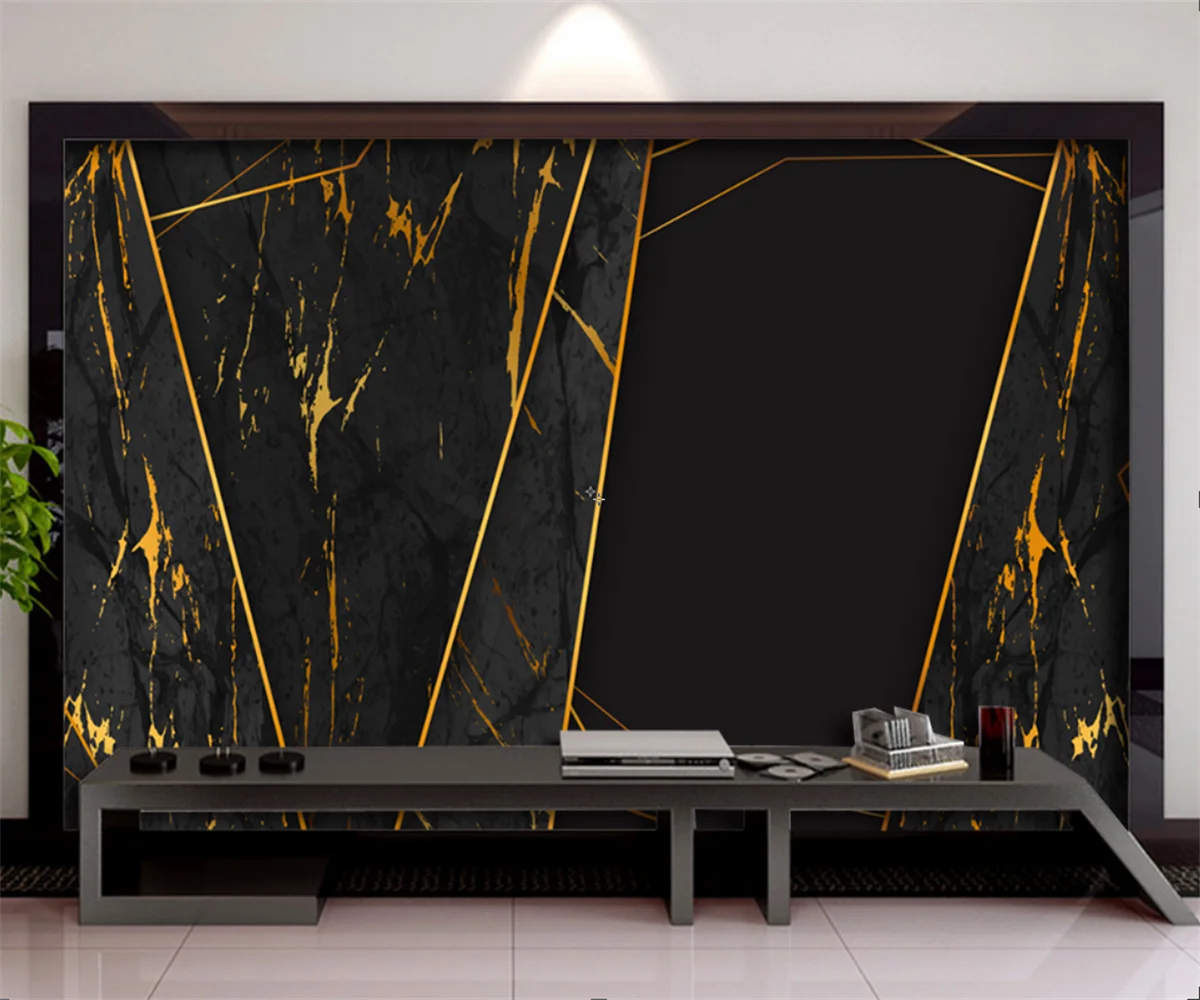 Custom mural modern simple black background gold geometric lines marble TV background wall decoration wallpaper