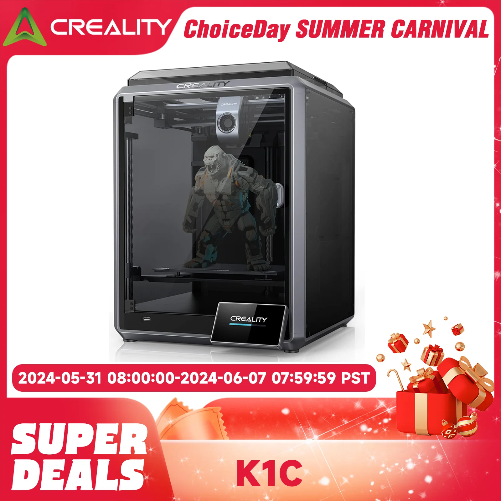 Creality K1C 3D 프린터, 빠른 인쇄 속도, 전금속 직접 압출기, 300 ℃ 인쇄, 자동 레벨링 AI 카메라, 600 mm/s, 2024 새 버전