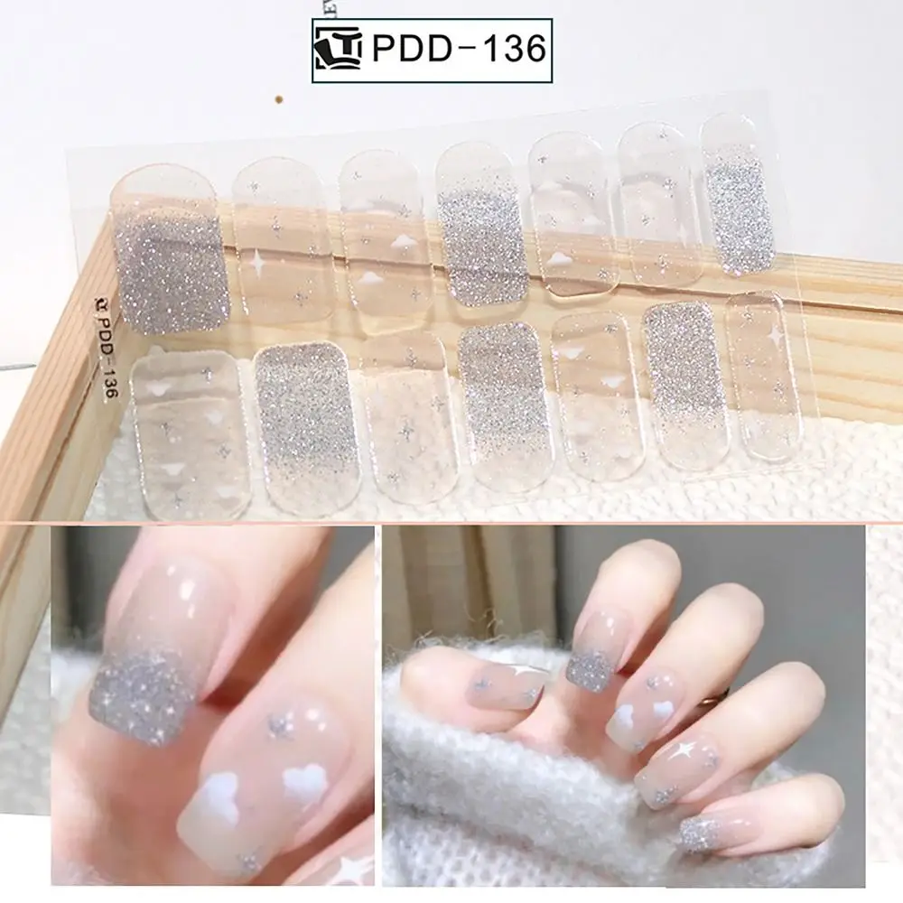 Easy To Removal 14Strips Gel Nail Stickers Floristic Full Cover Gel Nail Polish Strips Semi Cured Nail Patch DIY Nail Art Making