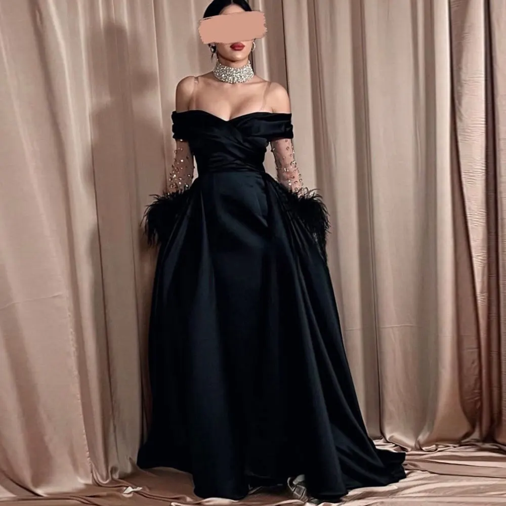 

Dubai Prom Gown A-Line Draped Off Shoulder Feather Crystal Evening Dress Satin Saudi Arabian Women's Sweep Train Party Dresses