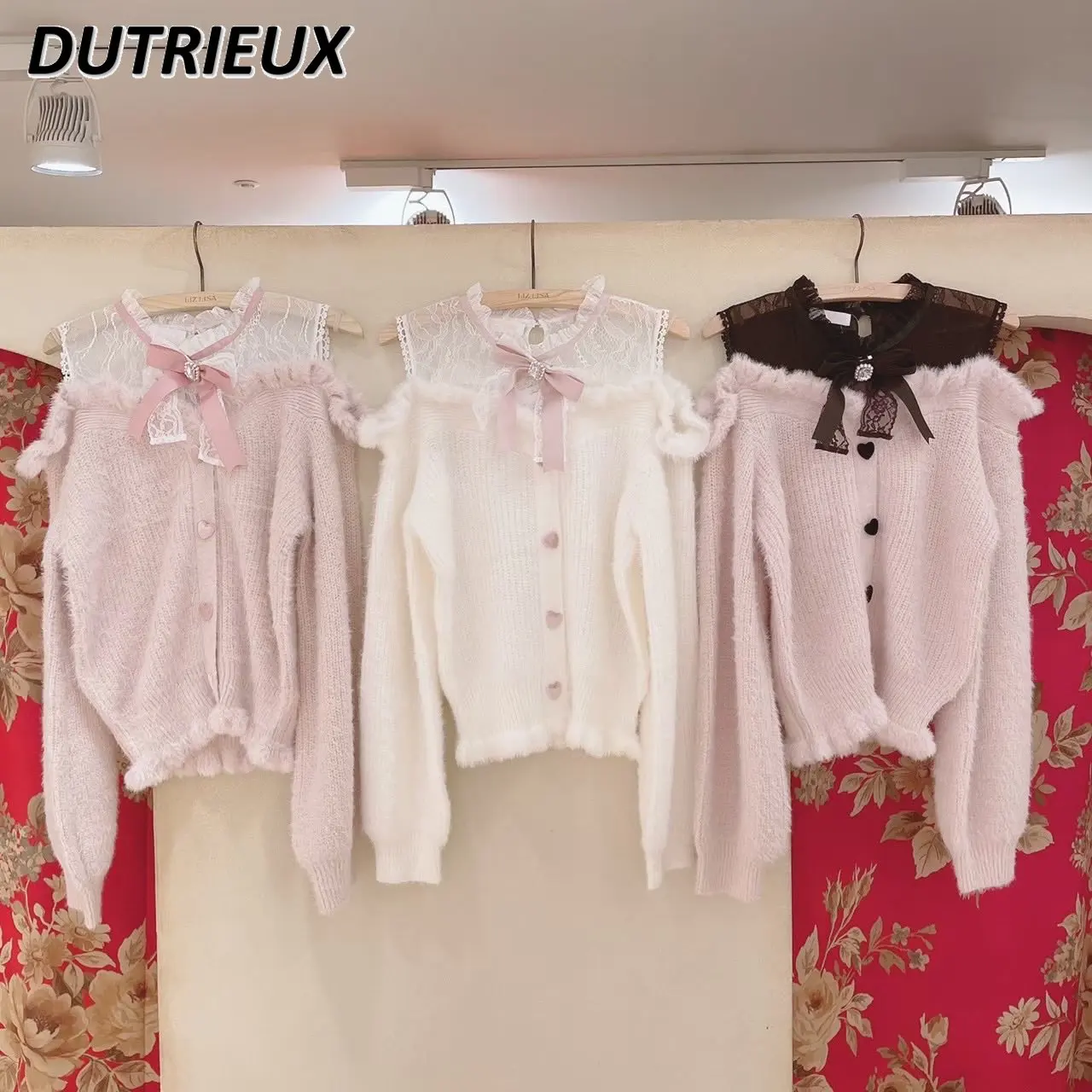 

Japanese Autumn and Winter Lolita Soft Girl Lace off-Shoulder Buckle Plush Sweater Sweet Cute Female Long Sleeve Short Cardigan