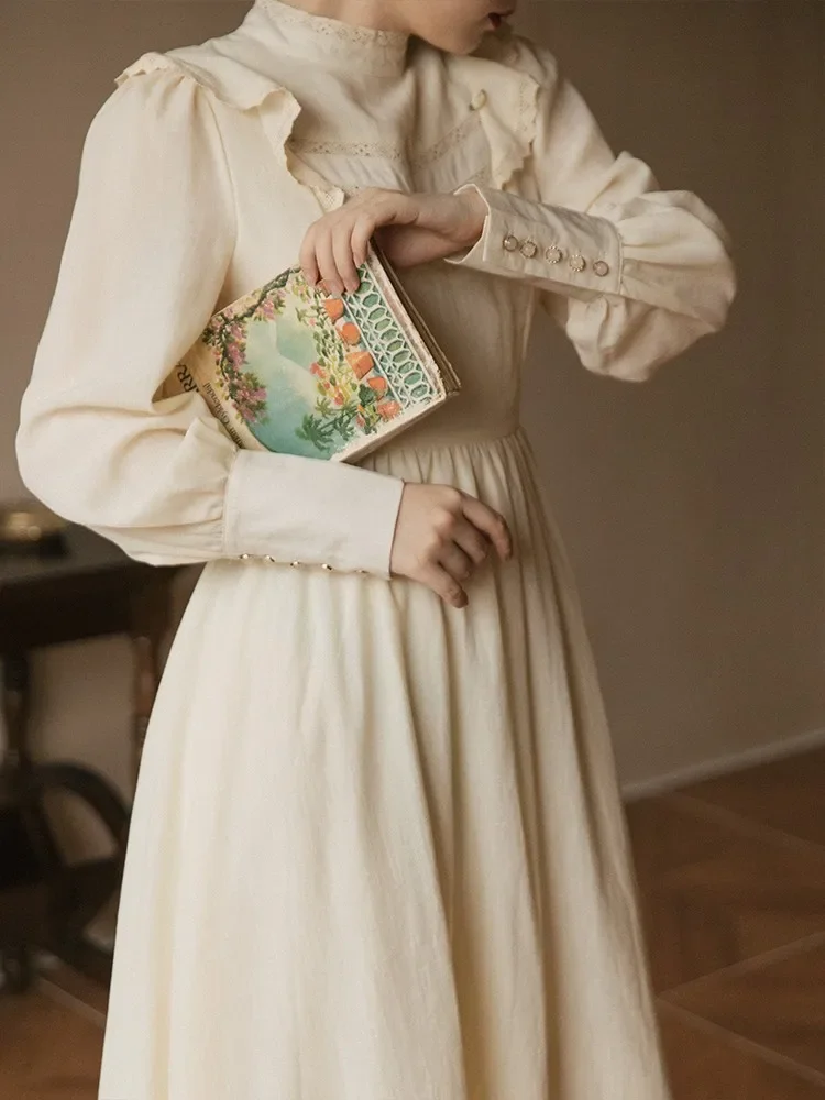 

Retro French Style Woman Dress Vintage Lantern Sleeve Ruffles Lace Elegant Lady Midi Dresses Victorian Chic Vestido Festa