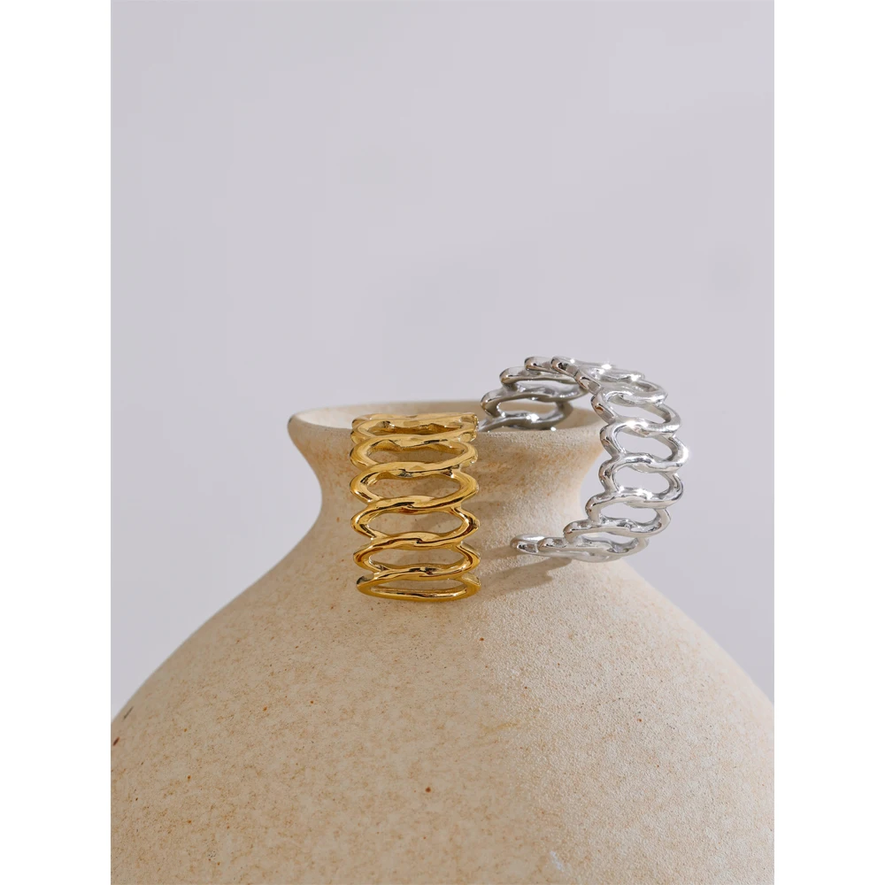 Yhpup Steel Geometric Hollow Distinctive Ring