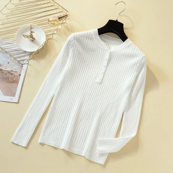 زر سترة المرأة الأساسية الصلبة سليم بلوفر مغزول النساء البلوزات البلوفرات البلوز الخريف الشتاء الكورية الإناث تريكو 6