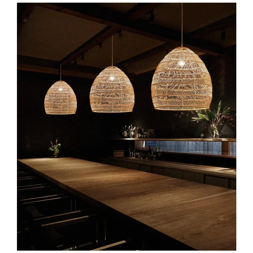 Rattan Cloche Pendant Lamps Vintage Style Handmake Rattan Light Home Decor Living Room Cafe Kitchen Island Hanging Lamps