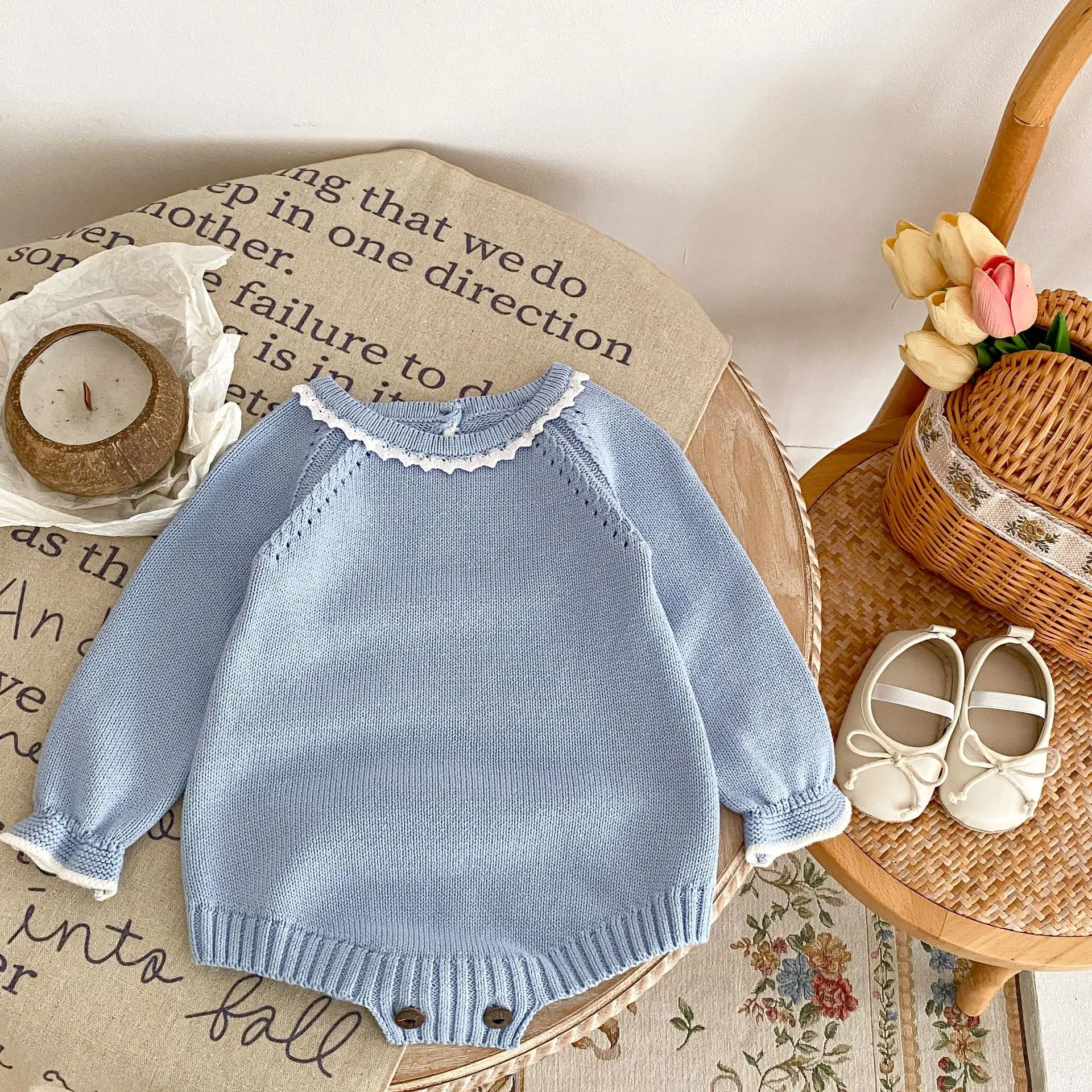 

Autumn Infant Baby Girls Sweet Knitted Sweater Romper Toddler Girl Lace Collar Cotton Long Sleeve Coat Triangle Bodysuit Creeper