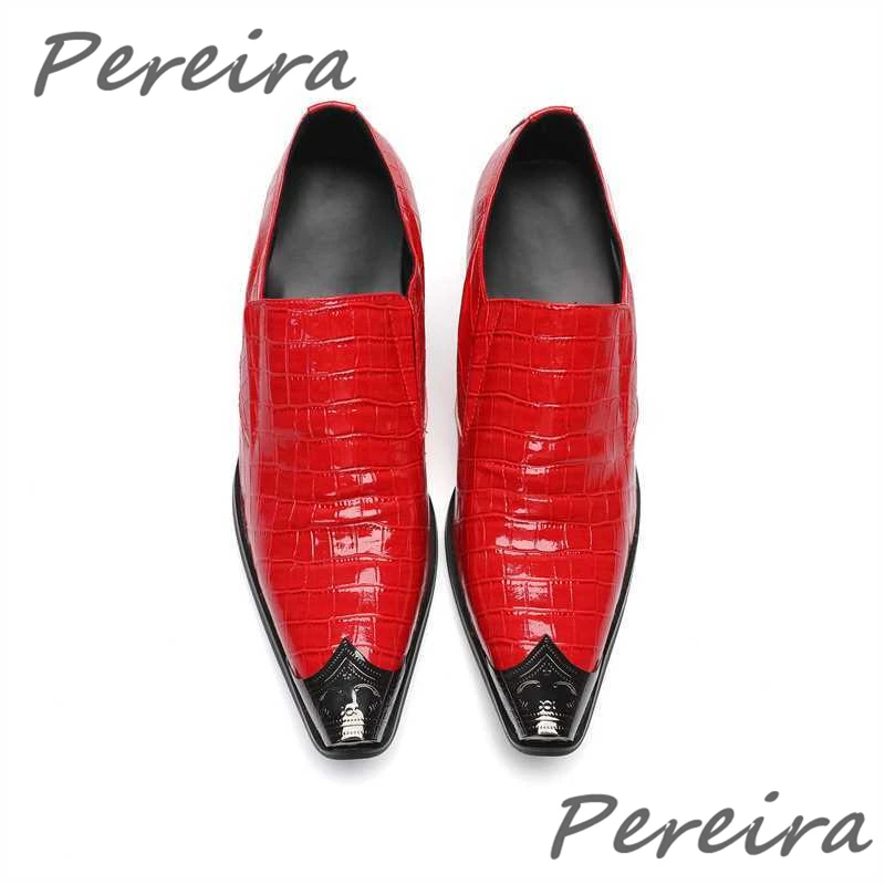 Red Metal Pointed Toe Men's Shoes Luxury High Heel Genuine Leather Loafers British Style Banquet Party Business Casual Shoes
