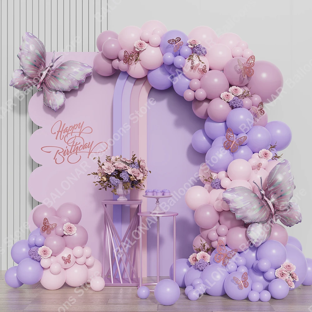 137/138pcs Gradient Pink Purple Butterfly Balloons Garland Arch Girl Butterfly Birthday Party Baby Shower Wedding Decor Globos