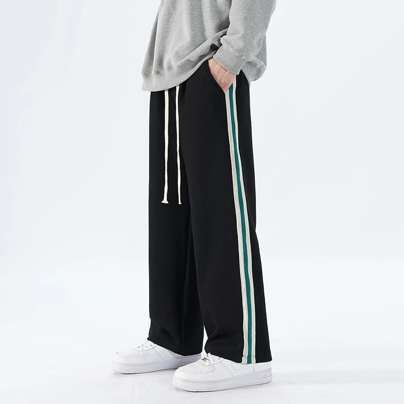 Men's Spring Autumn Drawstring Striped Pocket Solid Elastic and High Waisted Casual Loose Sports Straight Leg Trousers Pants