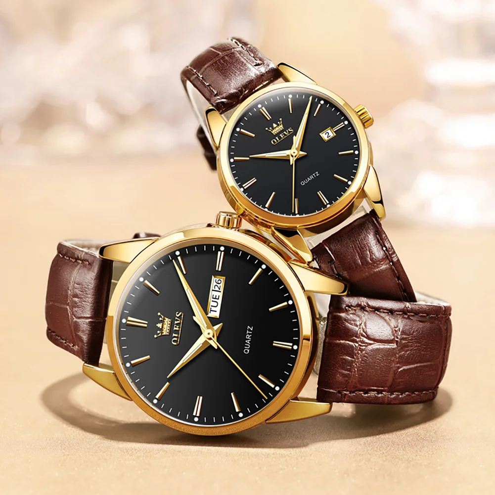 OLEVS 6898 Original Couple Quartz Watch Luxury Fashion Waterproof Luminous Breathable Leather strap Elegant Couple Quartz Watch