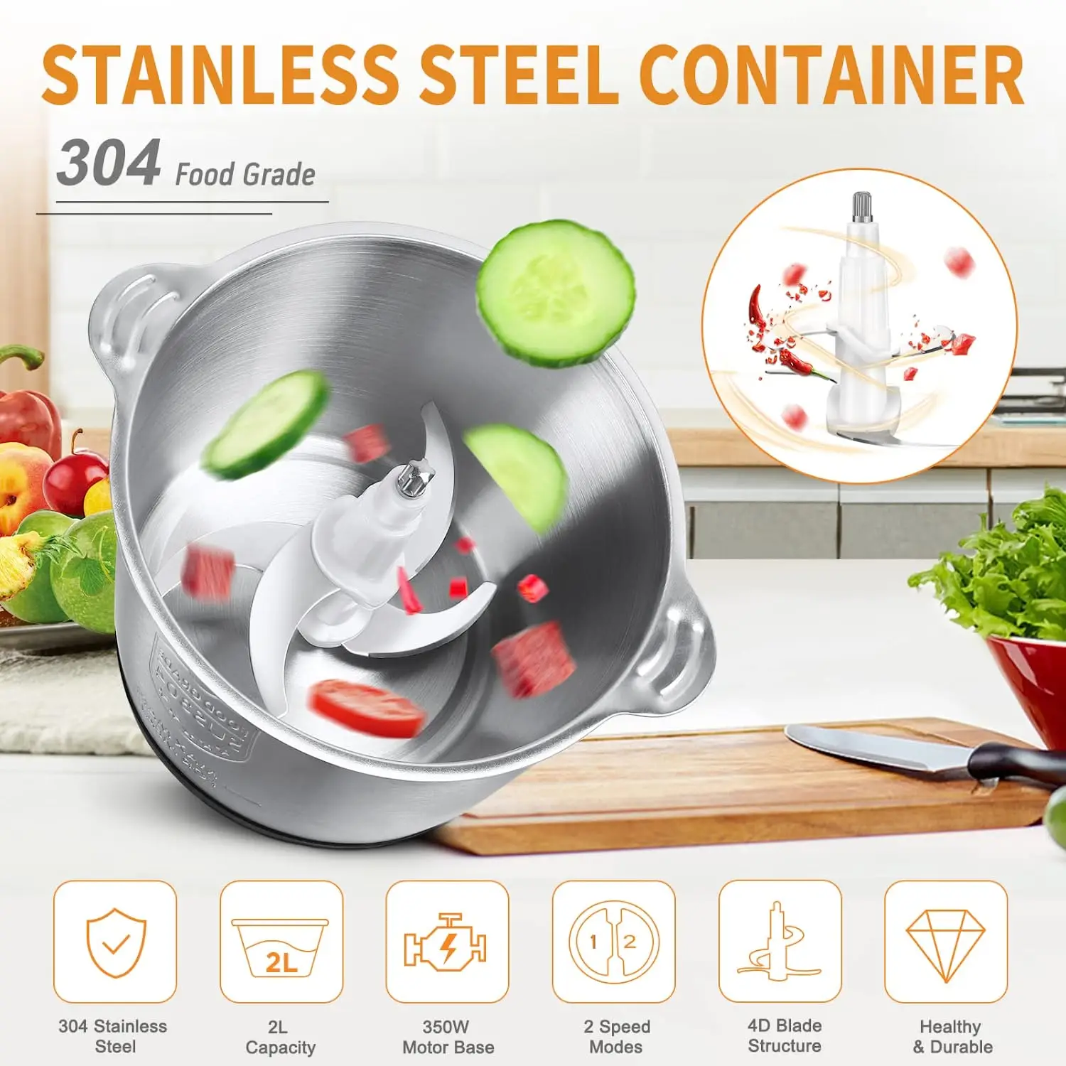 Electric Meat Grinder Stainless Steel Chopper Kitchen Utensils Vegetable Grinder Slicer Household Blender Food Processor 5